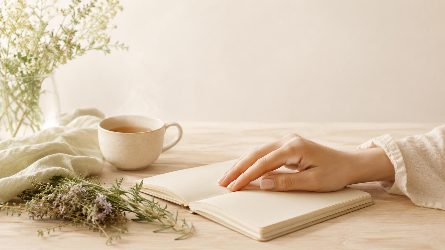 Une main féminine posée délicatement sur un carnet beige ouvert, à côté d'une tasse de thé fumante et d'un petit bouquet d'herbes aromatiques.