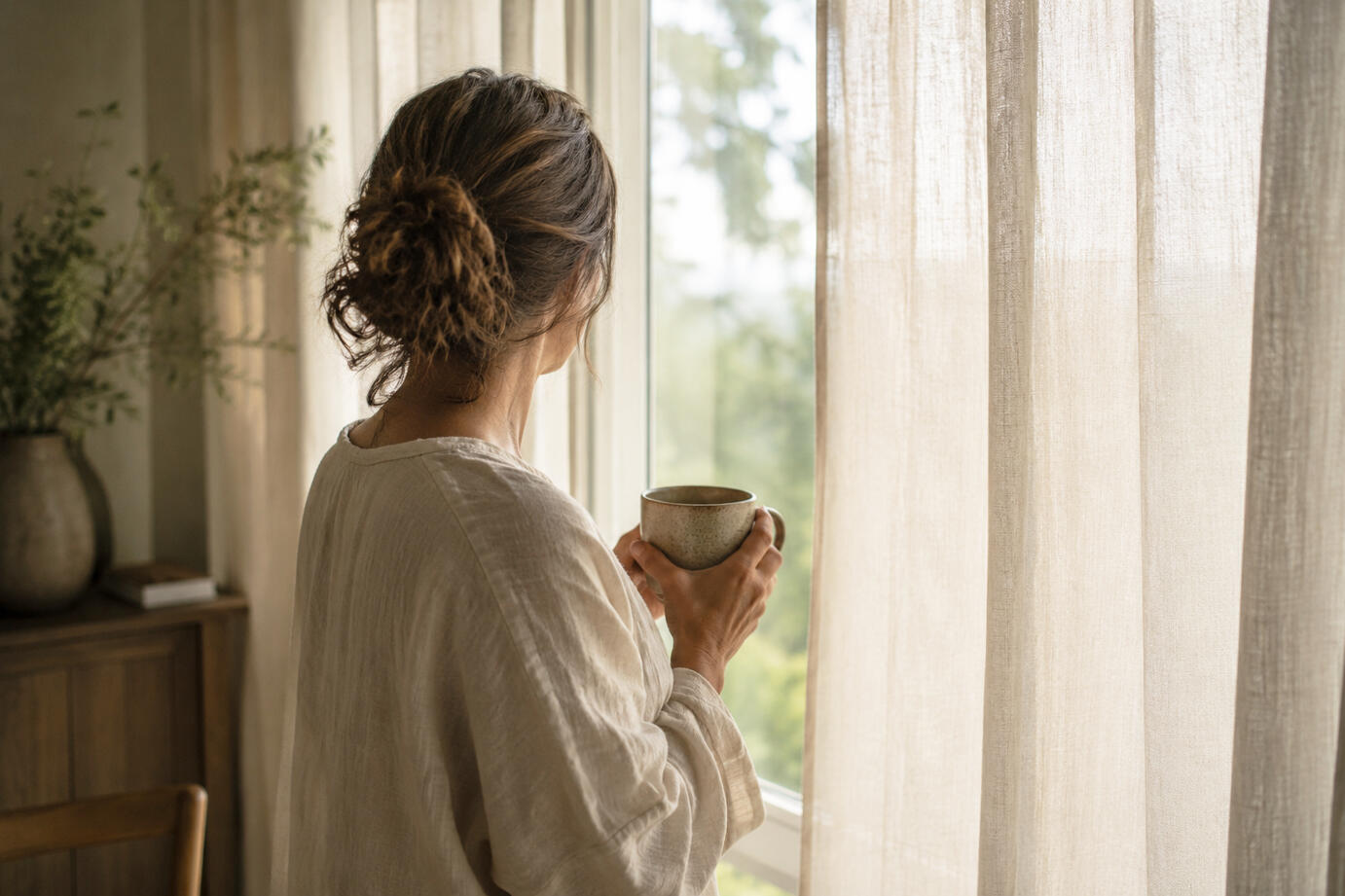 Une femme d'une quarantaine d'années debout près d'une grande fenêtre, vue de dos et légèrement de profil, tenant à deux mains une tasse en céramique.