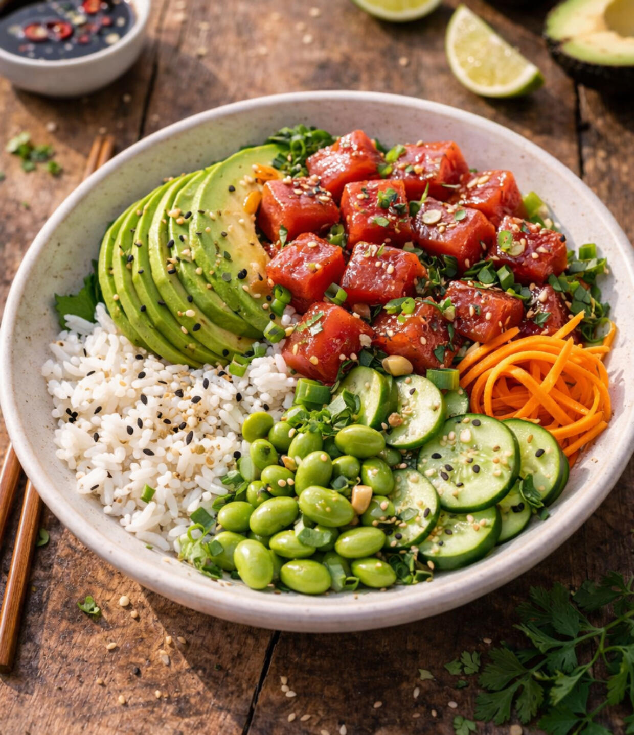 Composition d'aliments sains harmonieusement disposés dans un grand bol.